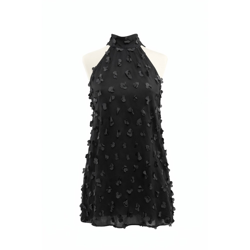 Mi Ami Floral Applique Swing Dress Womens M Black Sleeveless High Neck LBD Party